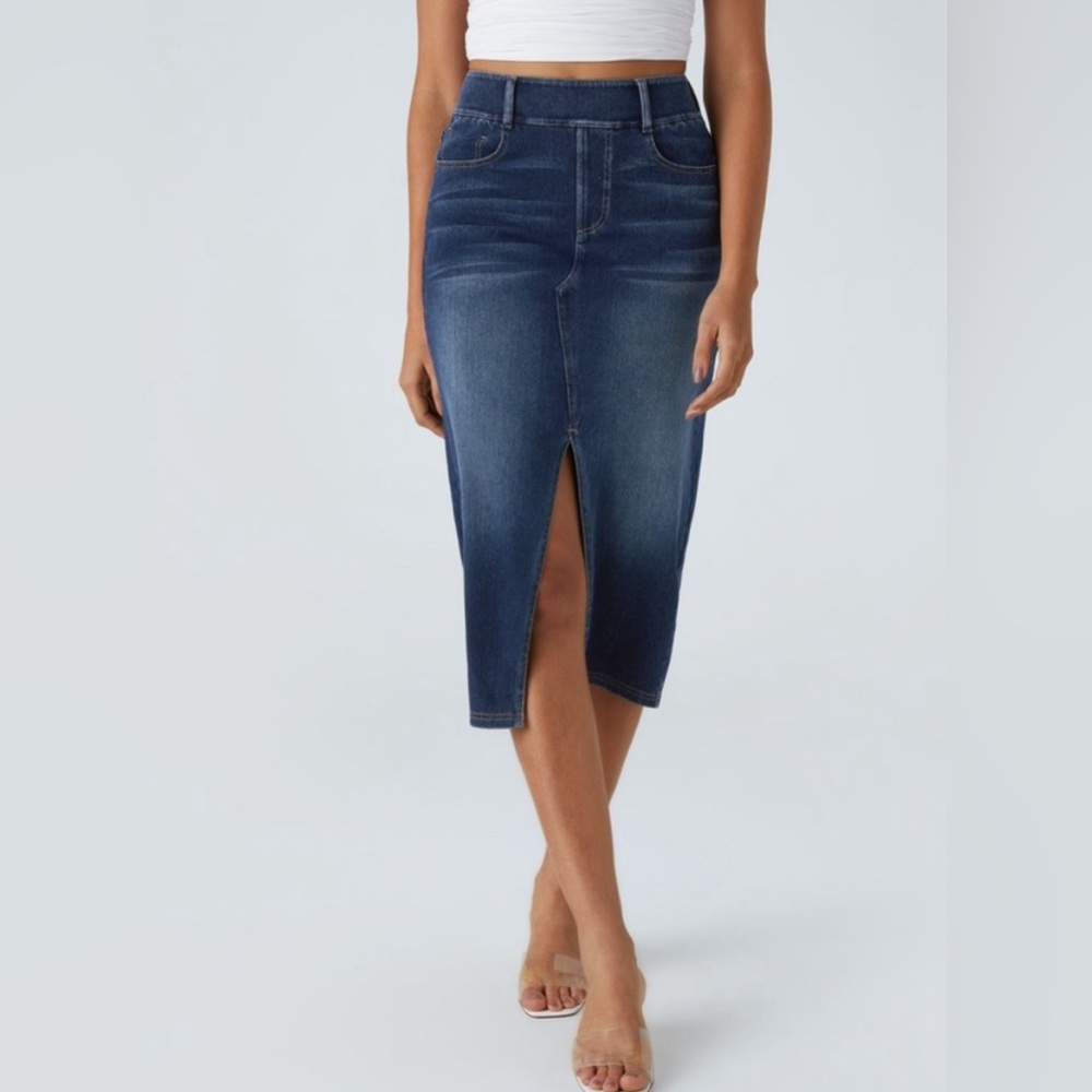 Halara Stretch High Waisted Denim Midi Skirt Front Slit Casual Small